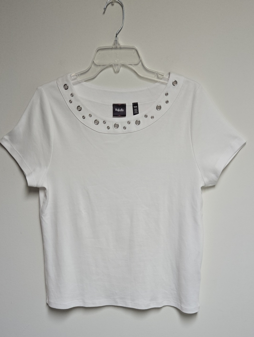 Rafaella White Short Sleeve Tee with Silver Eyelet Neckline 100% Cotton Petite L